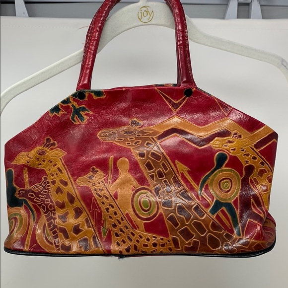 India Leather Red and Brown Giraffe Print Women's Bag - Picture 1 of 5